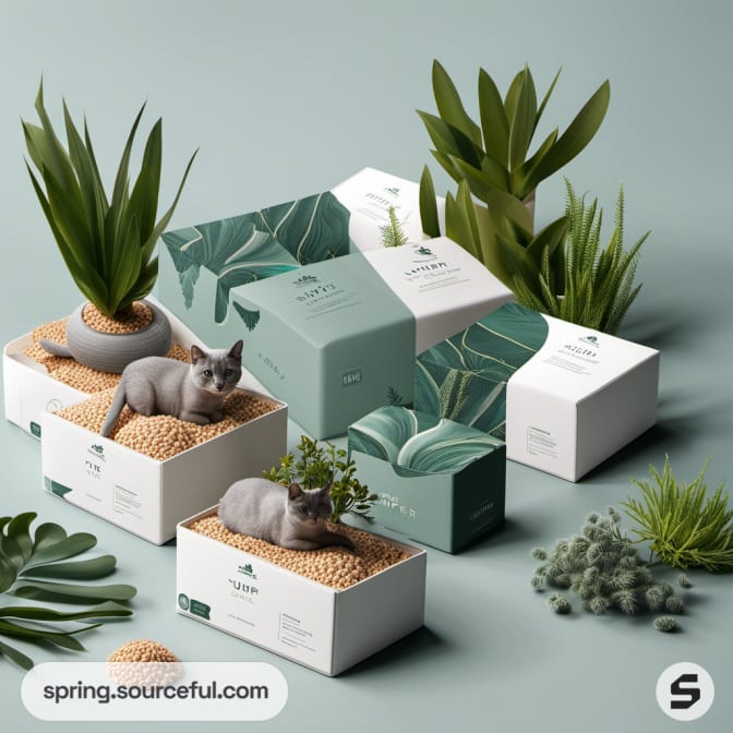 Gift boxes with succulent motifs and decorative plants.