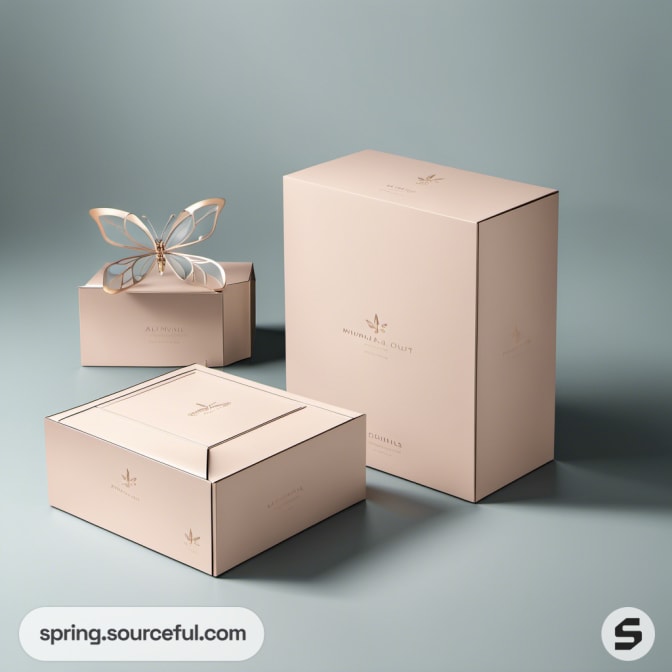 Elegant beige packaging boxes with butterfly design on blue background.