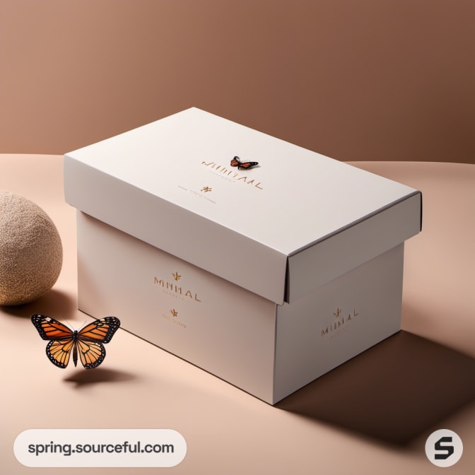 White box with butterfly design on brown background.