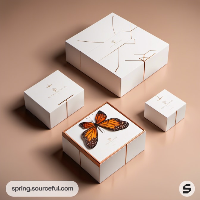 Assorted white boxes with butterfly design on brown backdrop.