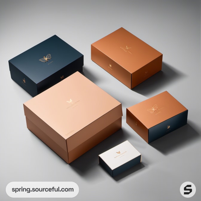 Set of elegant boxes in copper and blue tones, butterfly motif.