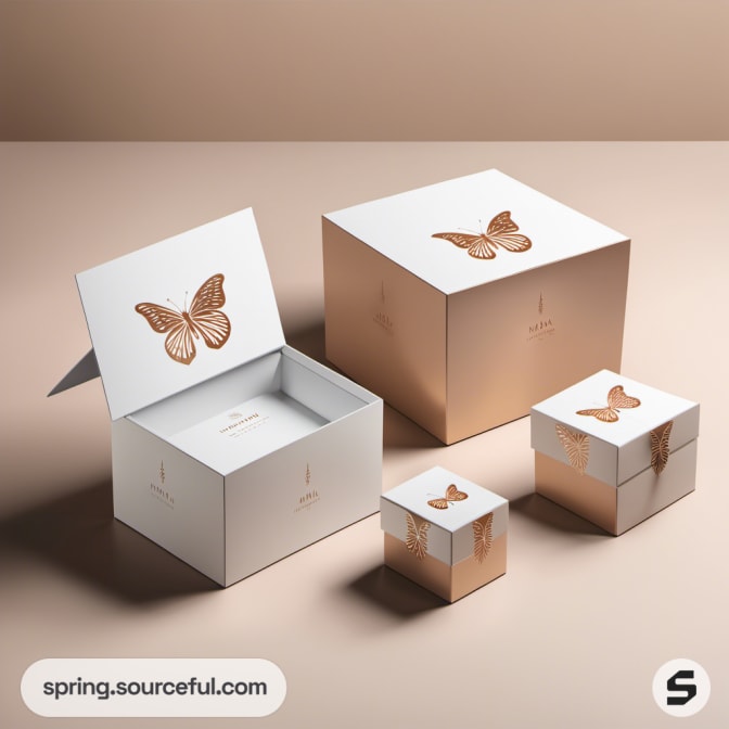 White and gold boxes with embossed butterfly design.