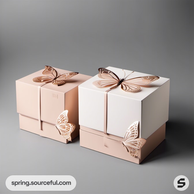 Two large white and pink boxes with metallic butterfly adornments.