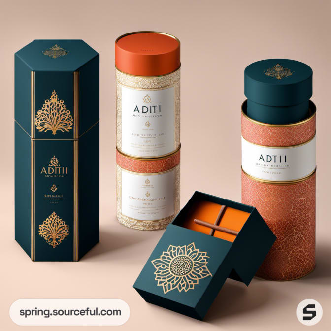 Elegant hexagonal and cylindrical boxes with floral patterns in teal and orange.