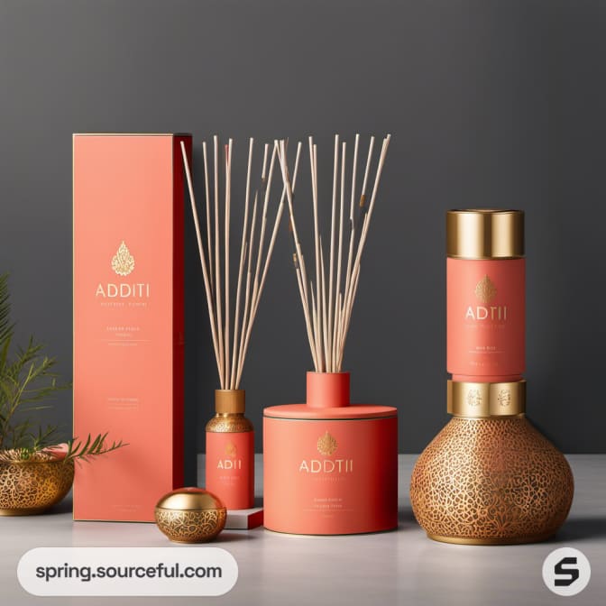 Sleek fragrance packaging with tall coral and gold bottles and diffuser.