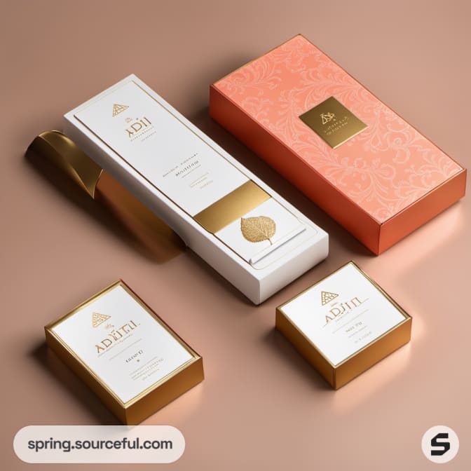 Chic rectangular gift boxes in white and gold with ornate designs.