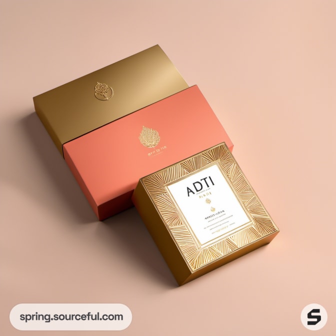 Gold and coral square boxes with luxurious embossed patterns.