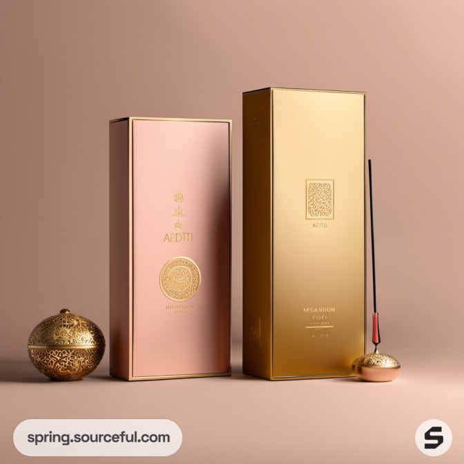 Tall incense boxes in soft pink and gold with minimal design.