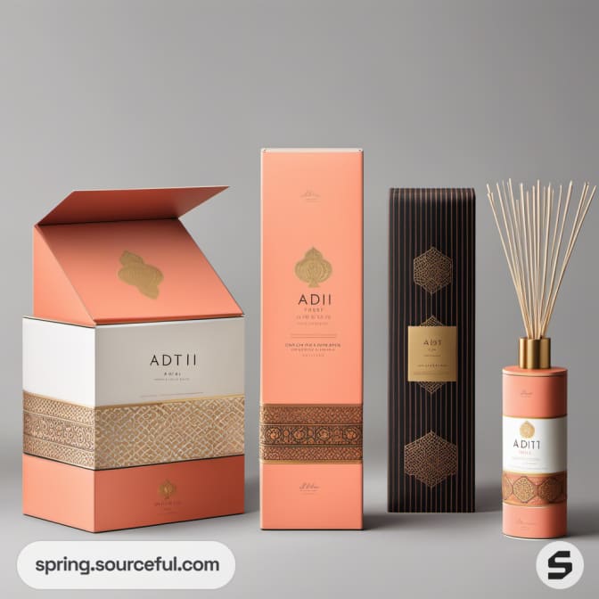 Ornate and elegant varied packaging with coral and gold accents.
