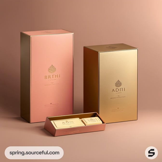 Refined rectangular boxes in metallic gold and pink shades.