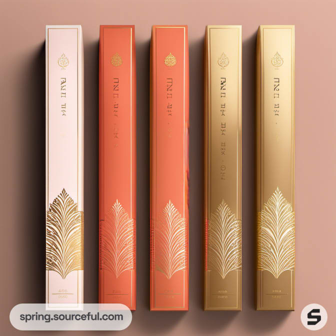 Series of tall incense boxes in soft and metallic hues with delicate patterns.