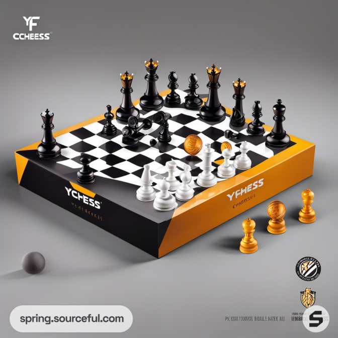 Chess set with basketball-themed pieces on an orange and black board.