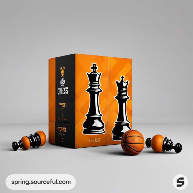 Box with black and orange chess pieces and basketball theme.