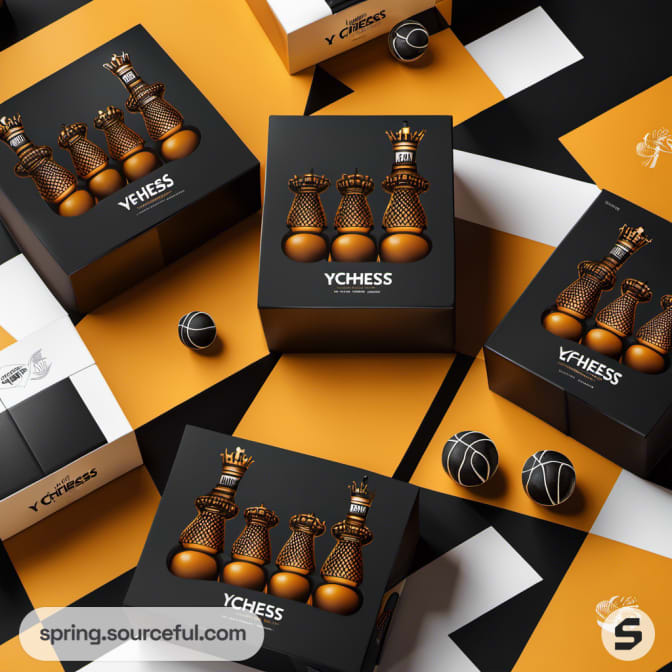 Compact boxes with chess and basketball-themed designs.