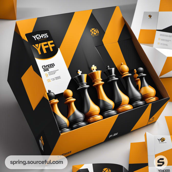 Chess set with black and orange pieces in open packaging box.