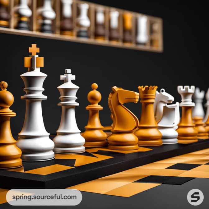 Chess board with white and orange pieces and geometric design.