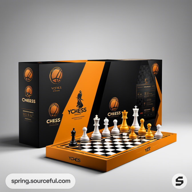 Chess set packaged in black and orange box with visible board.