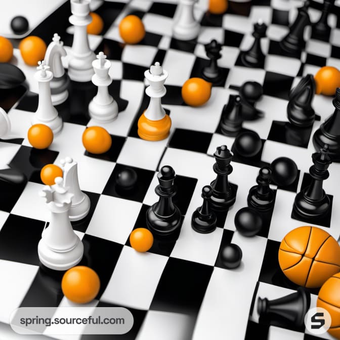 Close-up of a chess board with mixed color pieces and basketballs.
