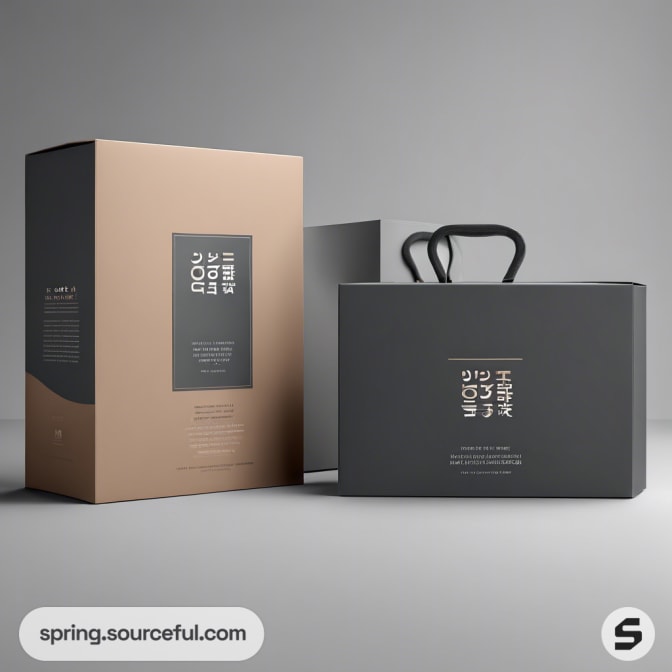 Two boxes, one upright in beige, one with handles in dark grey.
