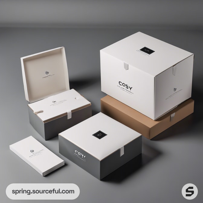 Boxes in neutral tones; one open showing interior packaging.