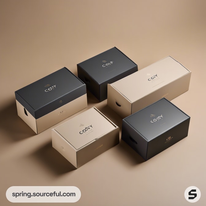 Five rectangular boxes in beige and grey on a tan background.