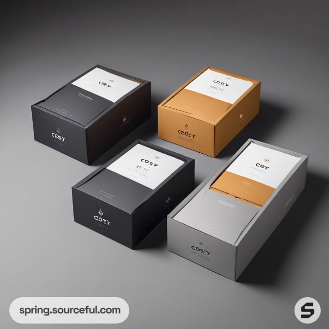 Four elegant boxes in grey and gold with top labels.