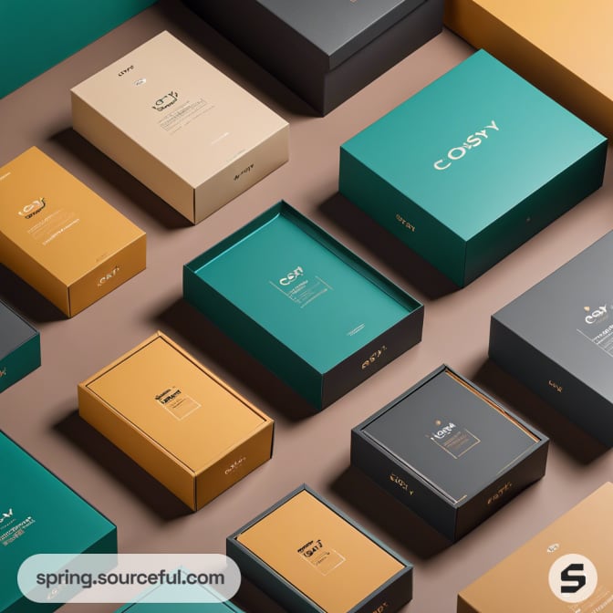 Collection of stacked boxes in teal, gold, and black.