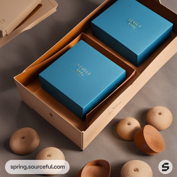 Blue boxes in beige tray with brown decorative items on gray surface.