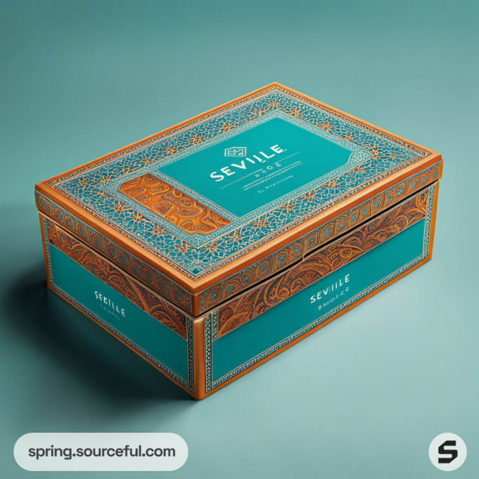 Teal box with ornate orange designs on teal background.