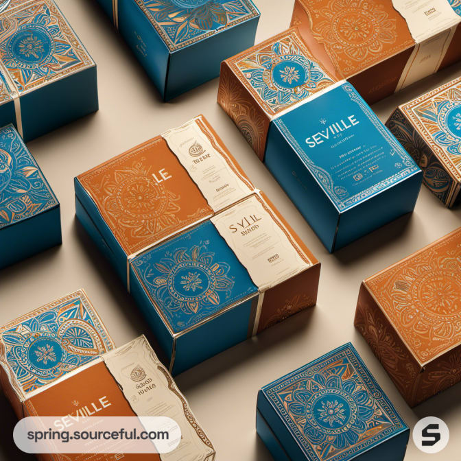 Set of intricate blue and orange boxes arranged on beige surface.