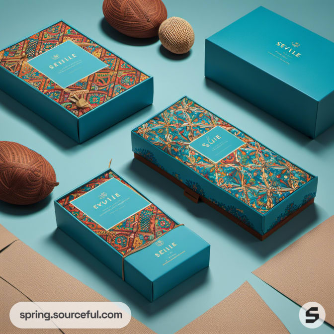 Blue and multicolored patterned boxes with brown decorative items.