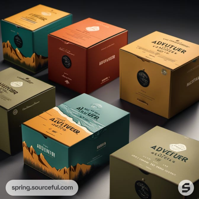 Colorful adventurer-themed packaging boxes with landscape illustrations.