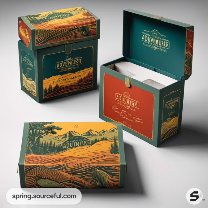 Illustrated boxes featuring mountain designs for adventurer branding.
