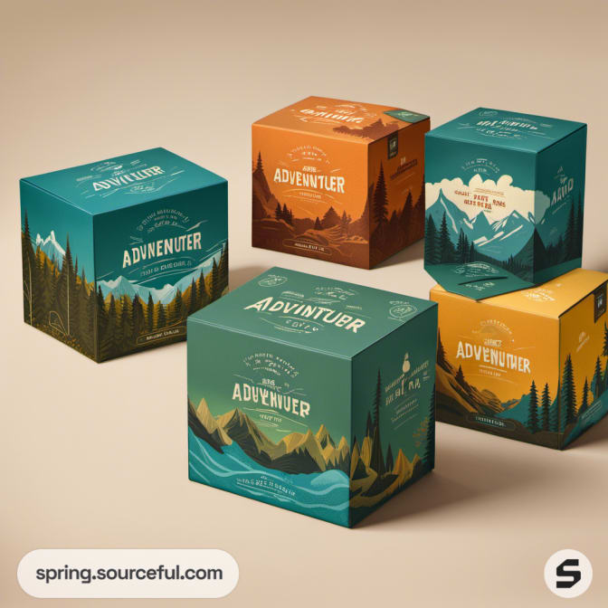 Adventure branding on various box sizes with mountain motifs.