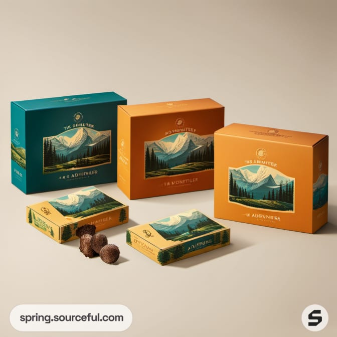 Adventurer packaging with mountain graphics on rectangular boxes.