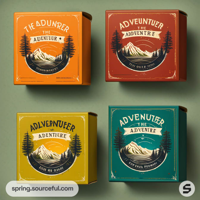 Four quadrants of square boxes with adventure illustrations.