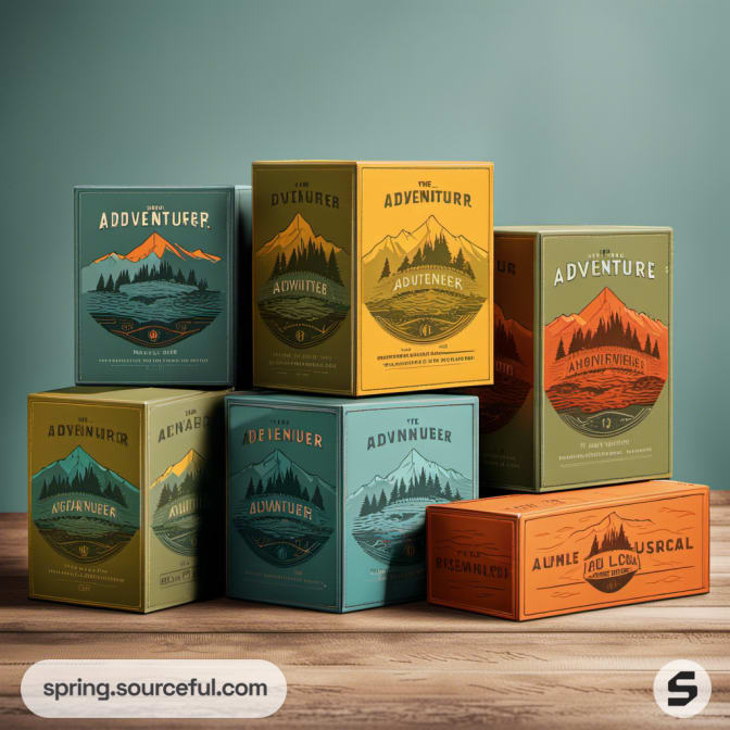 Stacked rectangular boxes with nature designs and adventure tags.