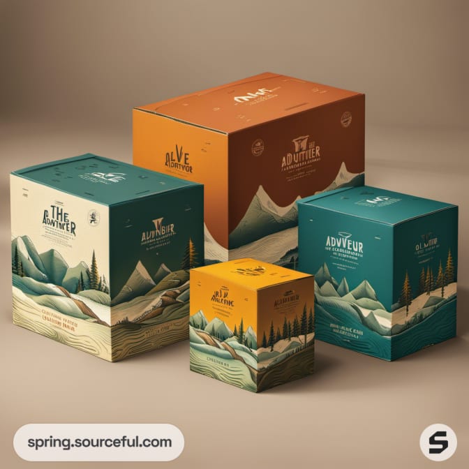 Adventurer themed packaging with mountain landscape on square boxes.