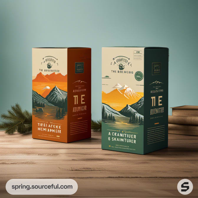 Tall boxes with nature illustrations in an adventure theme.