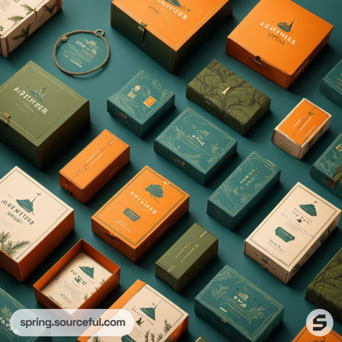 Diverse adventure-themed packaging boxes in teal and orange.