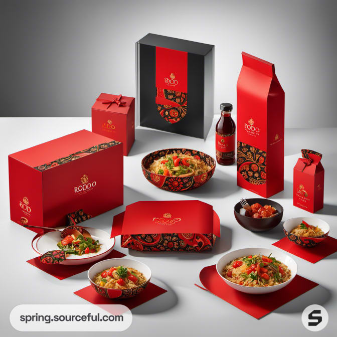 Red and black package with plates of food, featuring intricate patterns.
