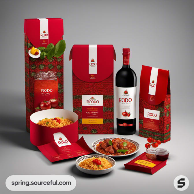 Red packaging with a wine bottle and food, decorated with vegetables.