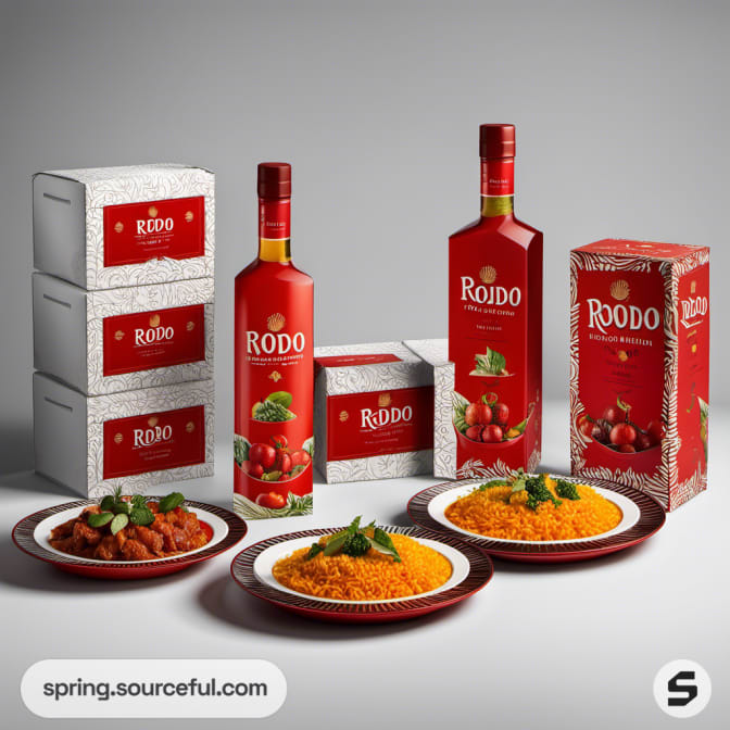 Stacked white and red boxes with two bottles and plates of spiced rice.