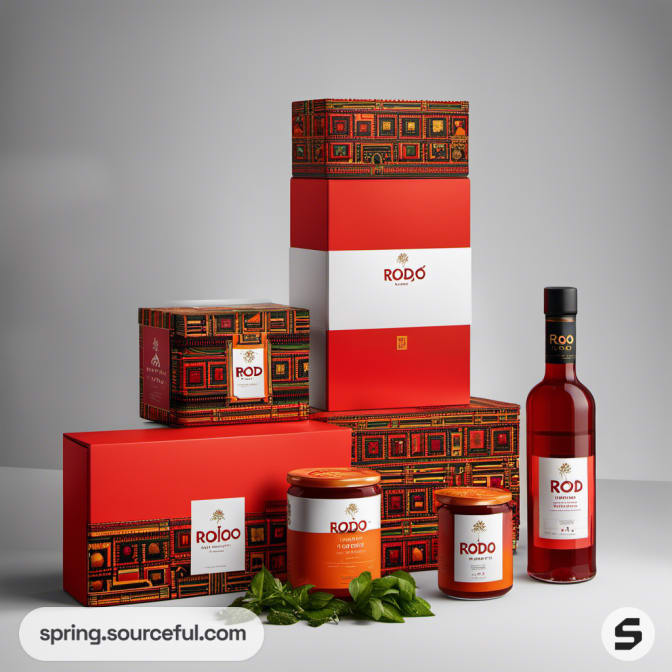 Orange and red boxes with jars and a bottle, adorned with patterns.