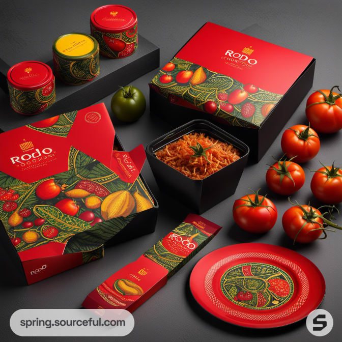 Colorful boxes with fresh tomatoes and a dish of pasta.