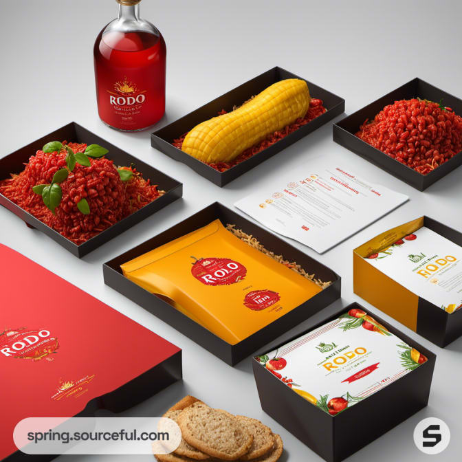 Assorted food items in black boxes with a bottle and packaged corn.