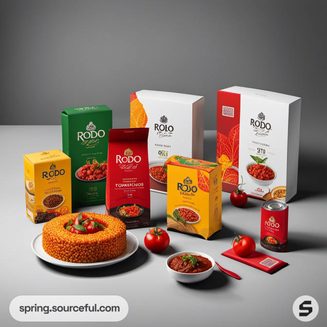 Variety of food packages with a completed dish and whole tomatoes.
