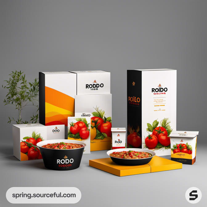 Boxes of varying sizes with a large food bowl and fresh tomatoes.