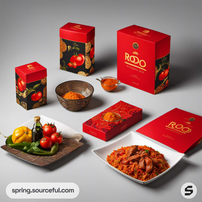 Red boxes with plates of spiced rice and fresh vegetables.