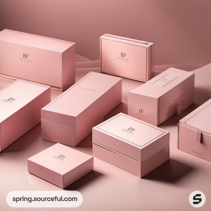 Assorted pink gift boxes with plain designs on a neutral background.